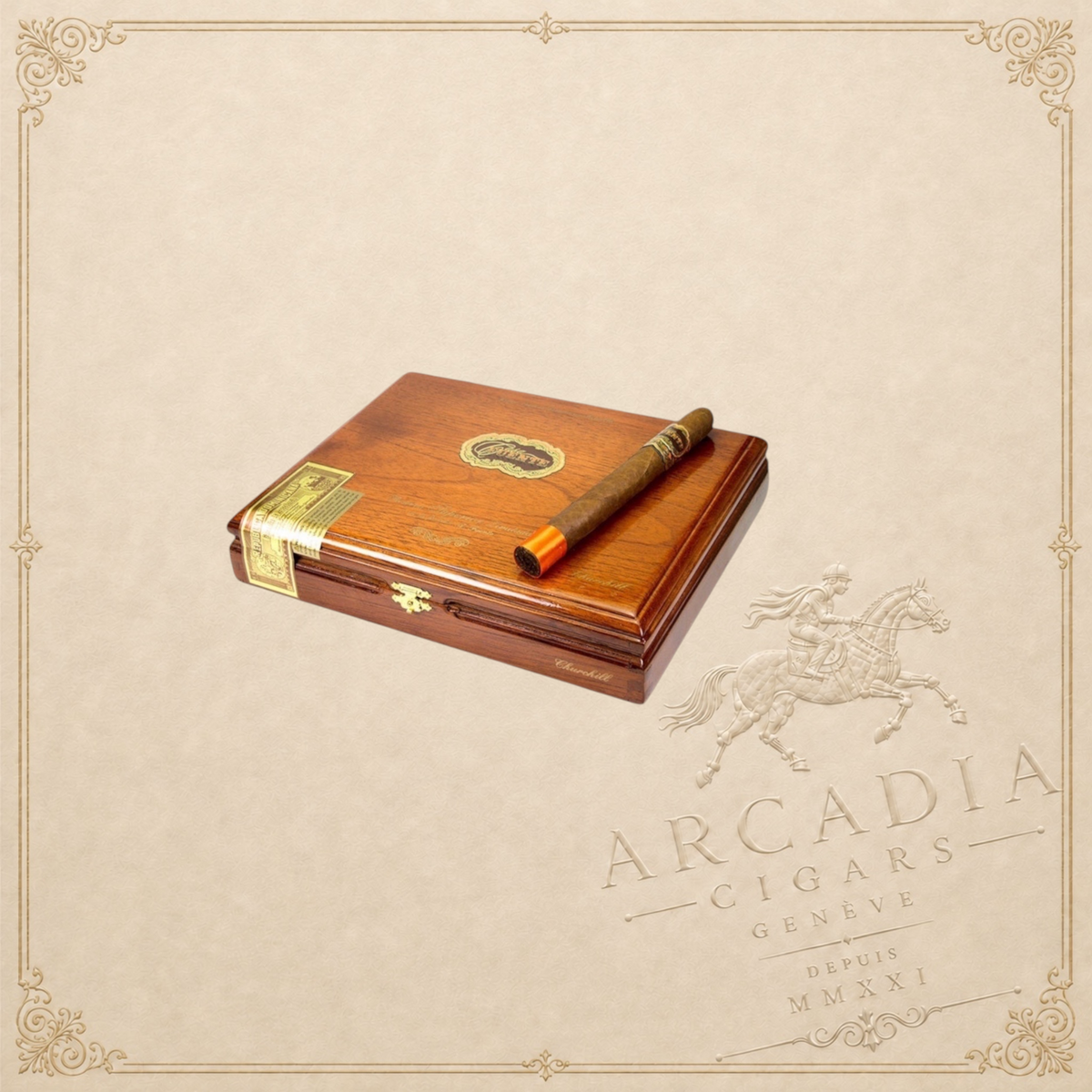 Arcadia Cigars Arturo Fuente Casa Fuente Churchill cigar resting on a polished wooden cigar box