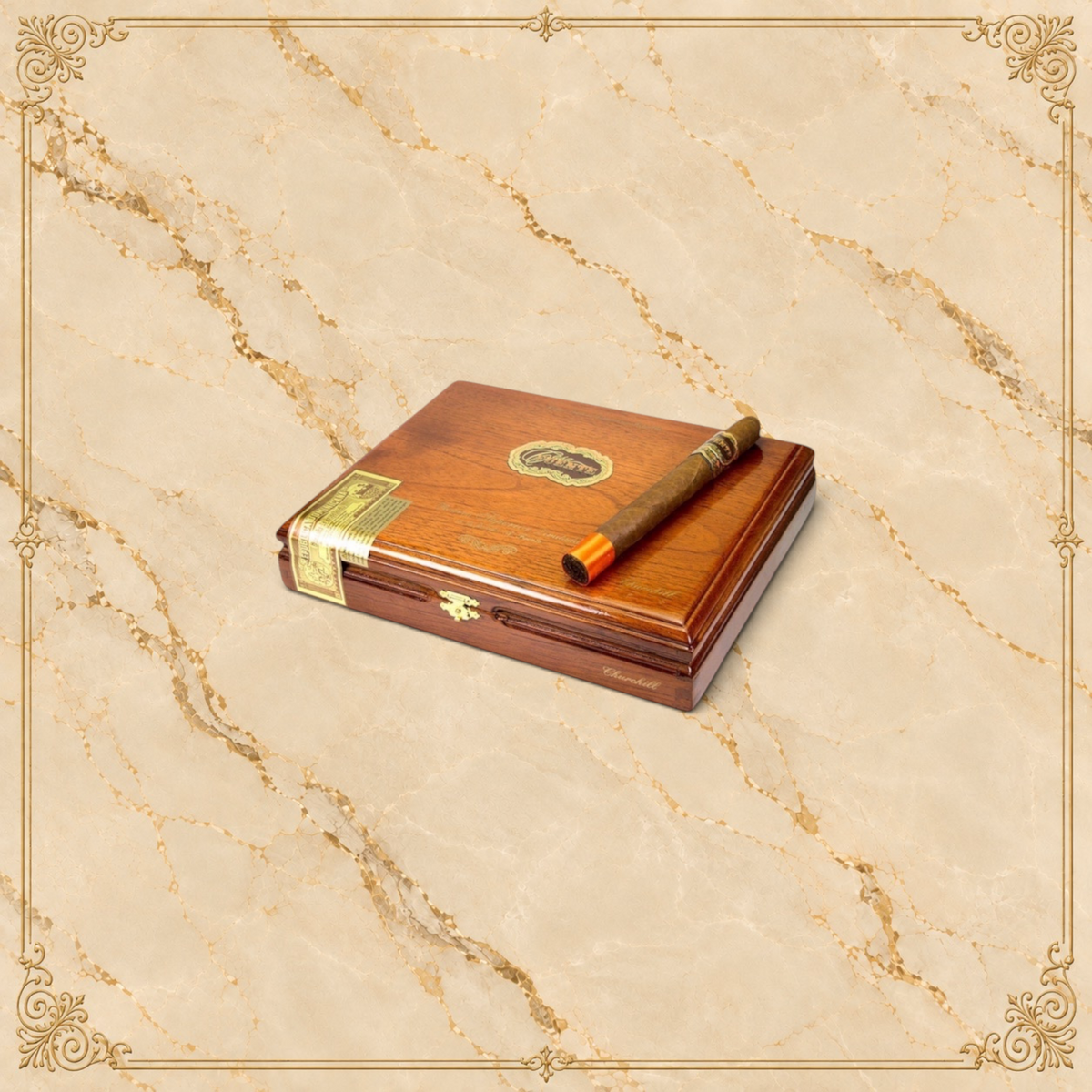 Arcadia Cigars Arturo Fuente Casa Fuente Churchill cigar resting on a polished wooden cigar box