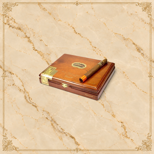 Arcadia Cigars Arturo Fuente Casa Fuente Churchill cigar resting on a polished wooden cigar box