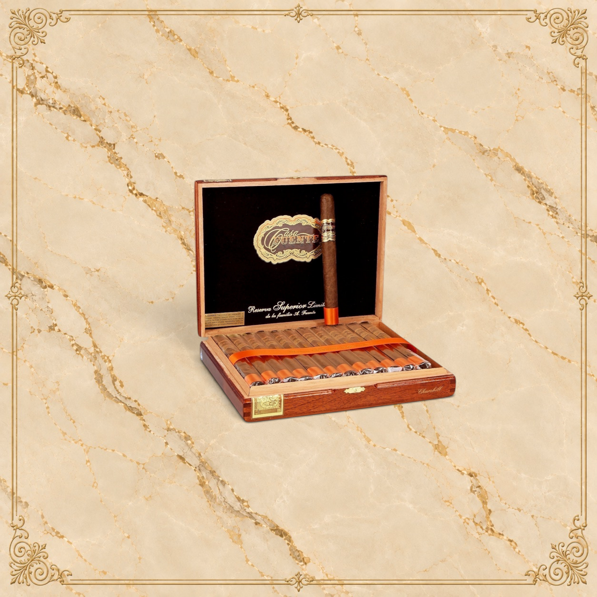 Arcadia Cigars Arturo Fuente Casa Fuente Churchill cigars in a wooden box with orange bands and gold branding