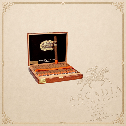 Arcadia Cigars Arturo Fuente Casa Fuente Churchill cigars in a wooden box with orange bands and gold branding