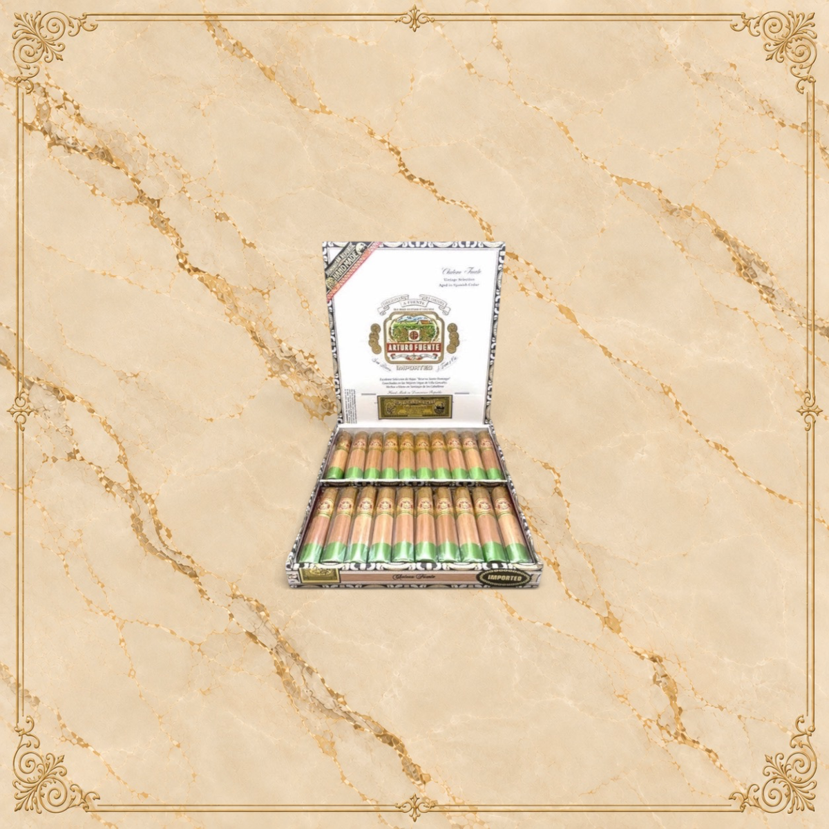 Arcadia Cigars Arturo Fuente Chateau Fuente Natural cigars in an open wooden box with green ribbon bands