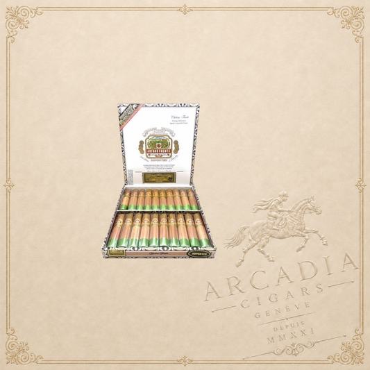 Arcadia Cigars Arturo Fuente Chateau Fuente Natural cigars in an open wooden box with green ribbon bands