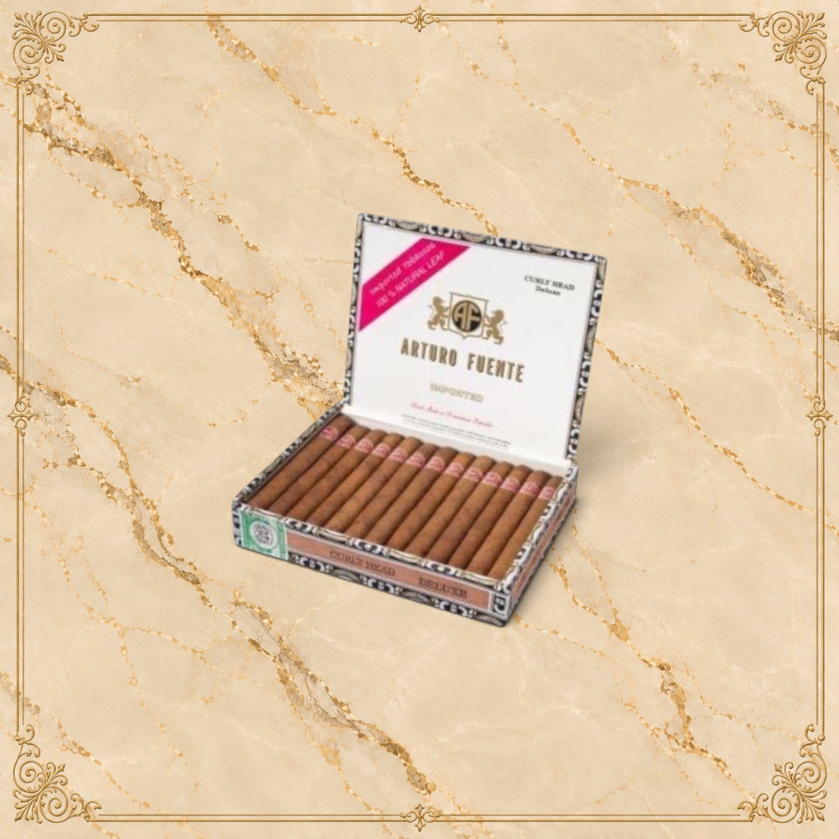 Arcadia Cigars Arturo Fuente Curly Head Deluxe box filled with premium handcrafted cigars on a neutral background