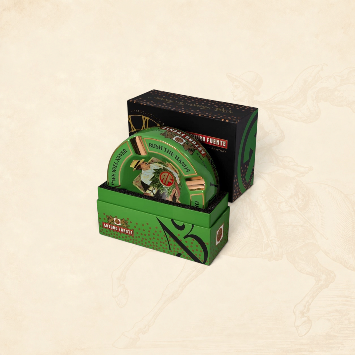 Arcadia Cigars Arturo Fuente Hands of Time round green cigar ashtray with decorative box on a marble background