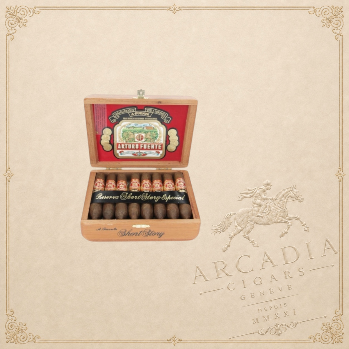 Arcadia Cigars Arturo Fuente Hemingway Short Story cigars in an open wooden box with decorative red interior label