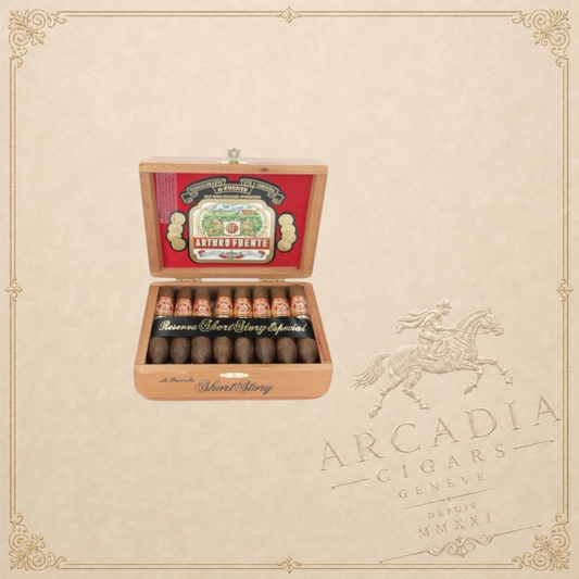 Arcadia Cigars Arturo Fuente Hemingway Short Story cigars in an open wooden box with decorative red interior label
