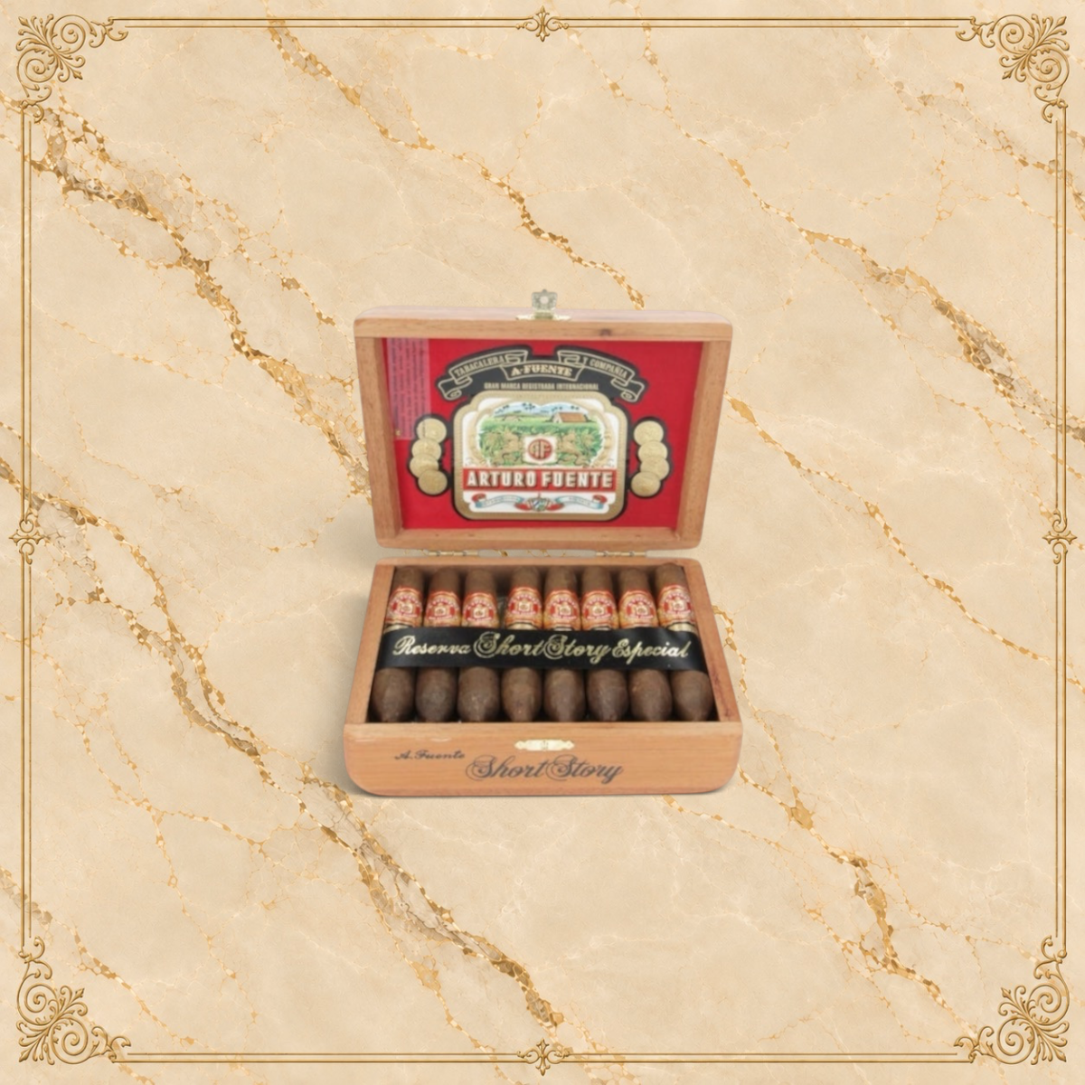 Arcadia Cigars Arturo Fuente Hemingway Short Story cigars in an open wooden box with decorative red interior label