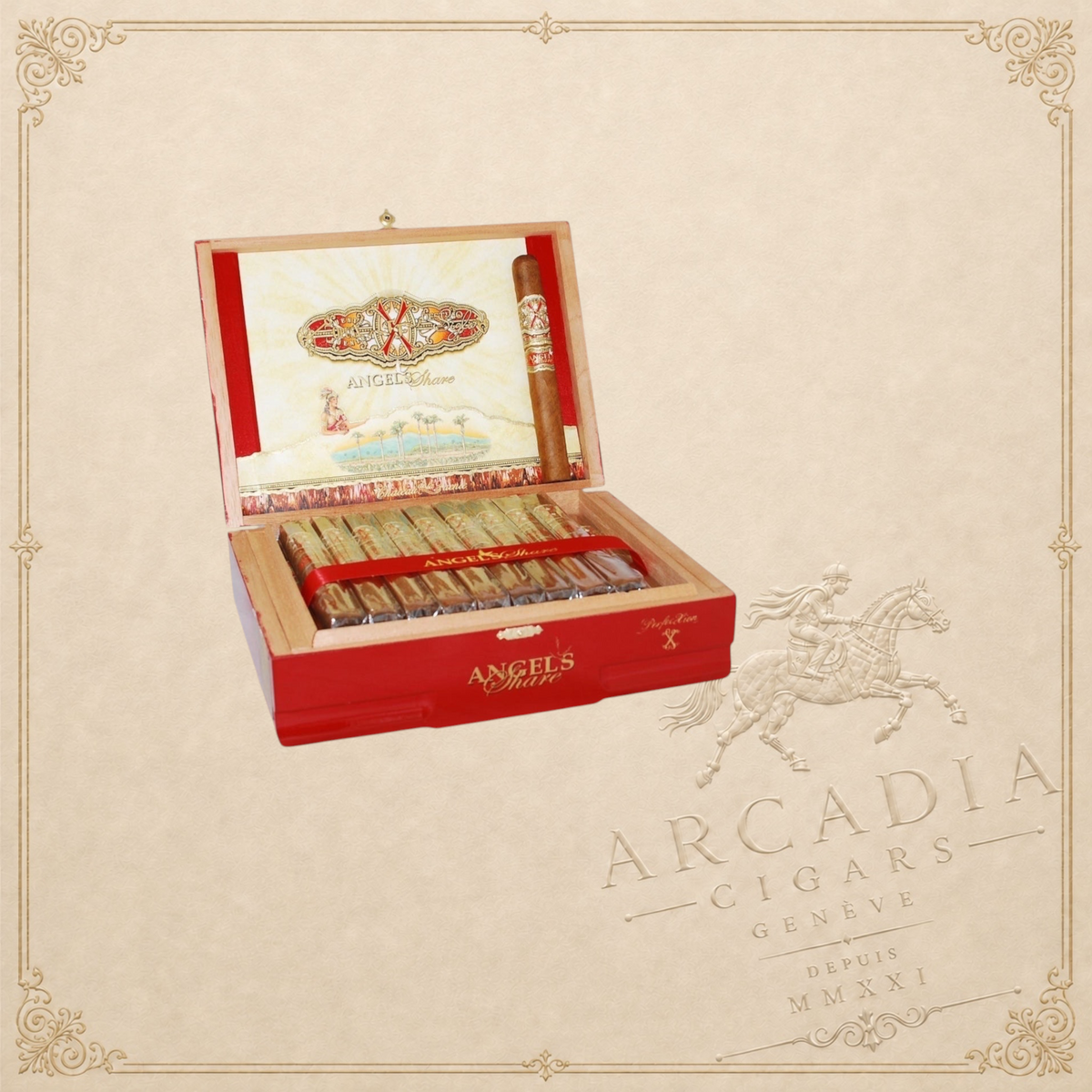 Arcadia Cigars Arturo Fuente OpusX Angels Share cigar box with ornate gold and red branding and one loose cigar