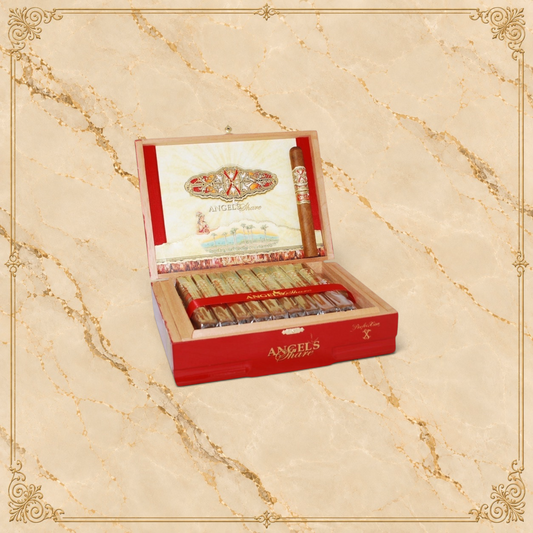 Arcadia Cigars Arturo Fuente OpusX Angels Share cigar box with ornate gold and red branding and one loose cigar