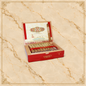 Arcadia Cigars Arturo Fuente OpusX Angels Share cigar box with ornate gold and red branding and one loose cigar