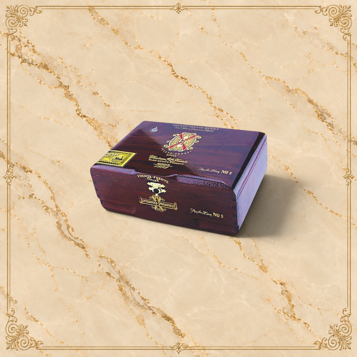 Arcadia Cigars Arturo Fuente Opus X PerfecXion 5 cigar box in polished dark wood with iconic gold and red branding