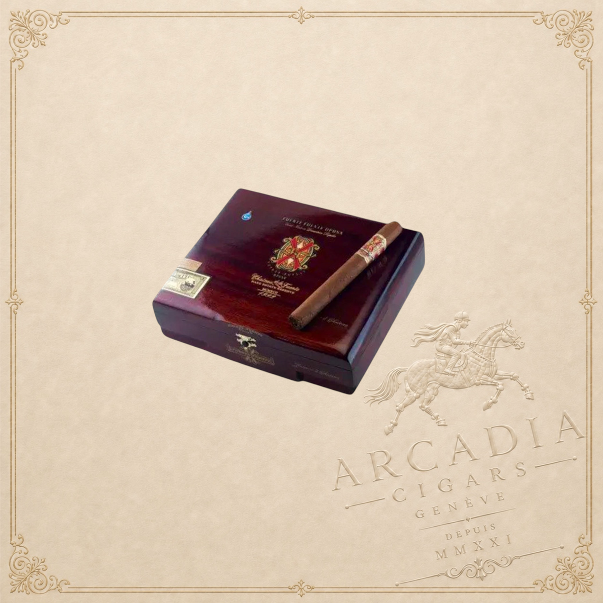 Arcadia Cigars Arturo Fuente Opus X Reserva D'Chateau cigar resting on a polished dark wood box with gold branding