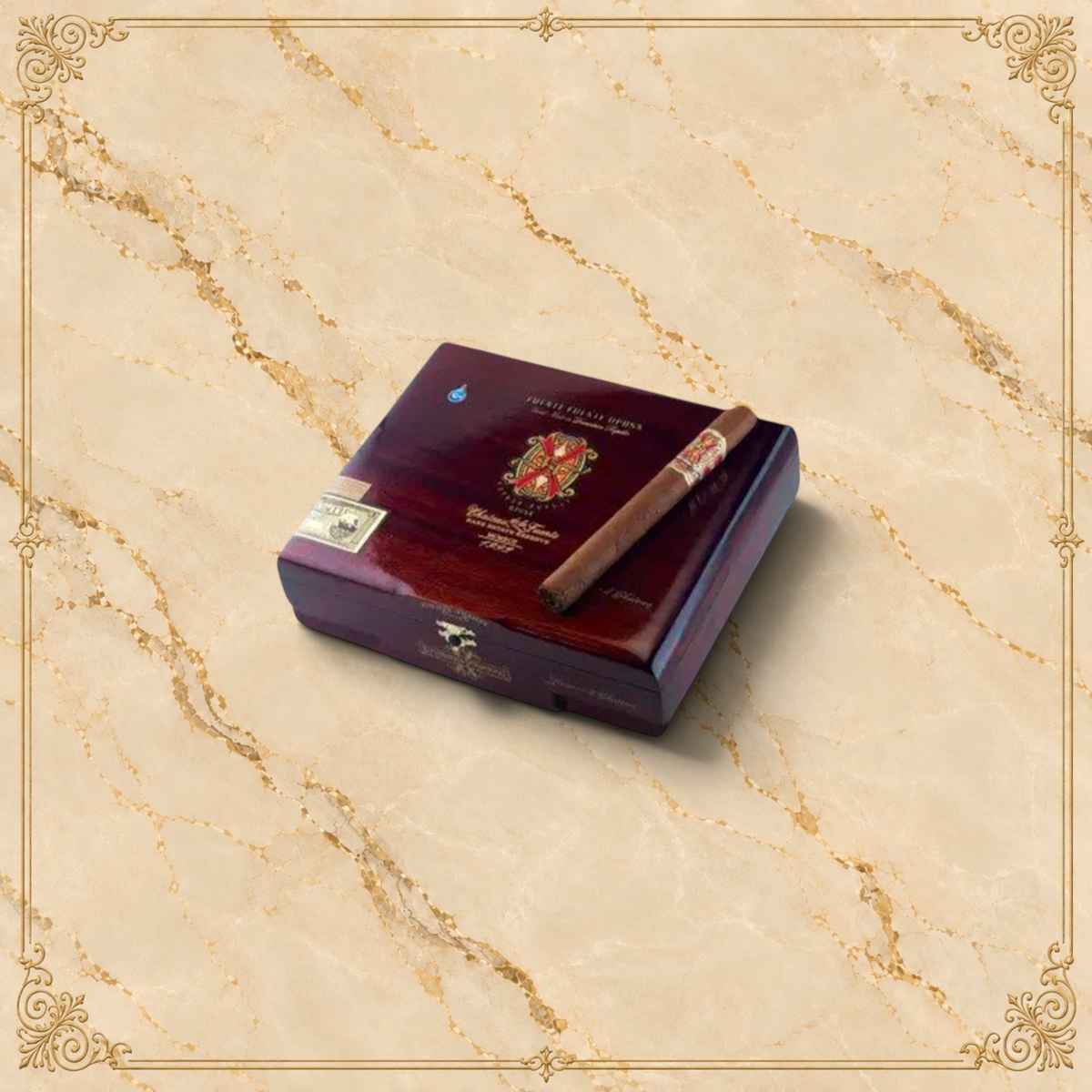 Arcadia Cigars Arturo Fuente Opus X Reserva D'Chateau cigar resting on a polished dark wood box with gold branding