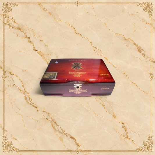 Arcadia Cigars Arturo Fuente OpusX Robusto cigar box in a polished dark wood finish with gold branding details.