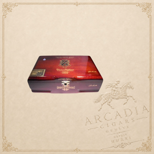 Arcadia Cigars Arturo Fuente OpusX Robusto cigar box in a polished dark wood finish with gold branding details.