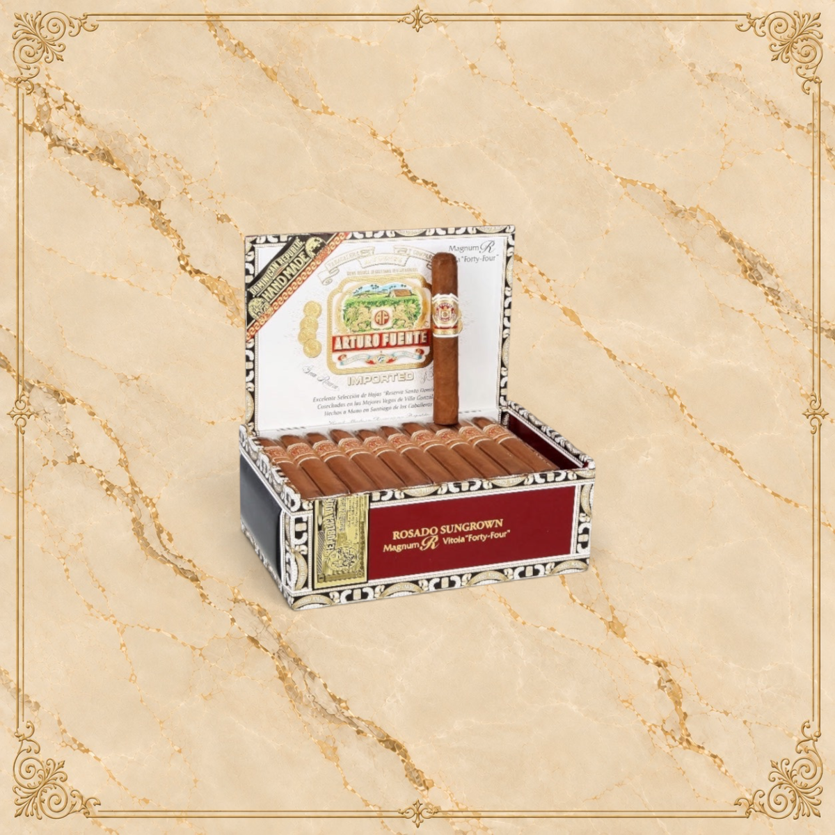 Arcadia Cigars Arturo Fuente Rosado Gran Reserva 44 cigar box with one premium cigar standing upright