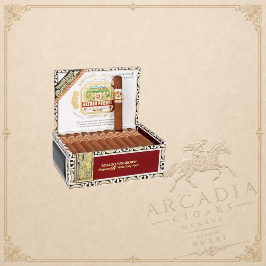 Arcadia Cigars Arturo Fuente Rosado Gran Reserva 44 cigar box with one premium cigar standing upright