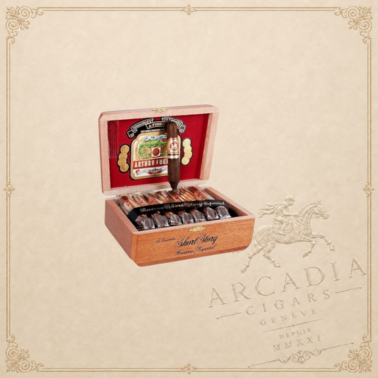 Arcadia Cigars Arturo Fuente Hemingway Short Story cigar standing upright in its open wooden box with branding.