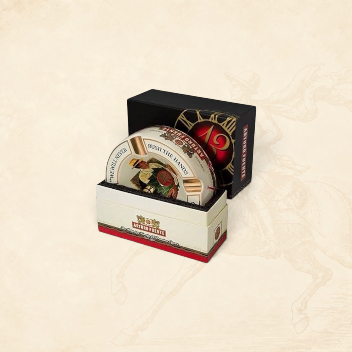 Arcadia Cigars Arturo Fuente Hands of Time ceramic cigar ashtray with vintage graphic in a branded presentation box.