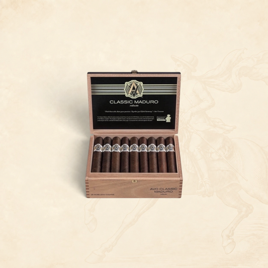 Arcadia Cigars box of AVO Classic Maduro Robusto cigars with dark Connecticut Broadleaf wrappers in an open wooden box