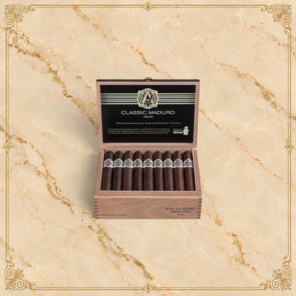 Arcadia Cigars box of AVO Classic Maduro Robusto cigars with dark Connecticut Broadleaf wrappers in an open wooden box