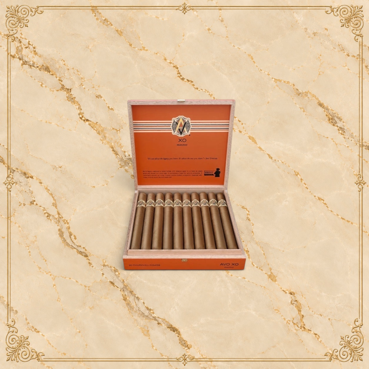 Arcadia Cigars box of AVO XO Maestoso Churchill cigars with Ecuadorian Connecticut wrappers in a wooden presentation case