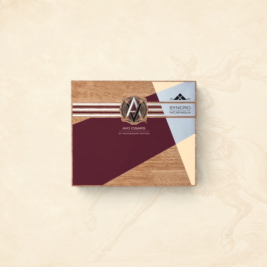 Arcadia Cigars AVO Syncro 10th Anniversary cigar box with geometric wood, burgundy, and cream design elements.