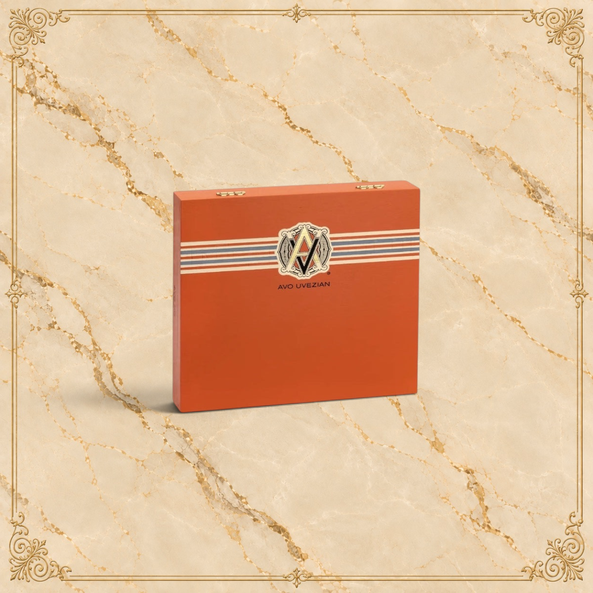 Arcadia Cigars AVO XO Maestoso wooden cigar box in orange with signature Avo Uvezian branding and striped detail
