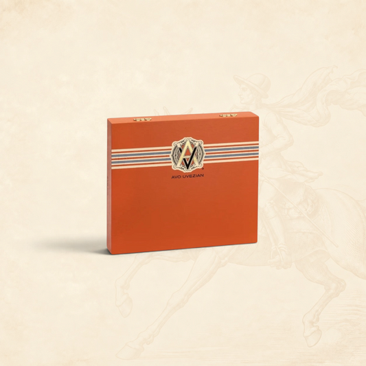 Arcadia Cigars AVO XO Maestoso wooden cigar box in orange with signature Avo Uvezian branding and striped detail