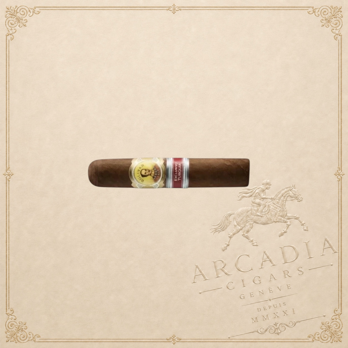 Arcadia Cigars Bolivar Bosphorus RE 2014 Turkey regional edition robusto cigar with gold and red bands.