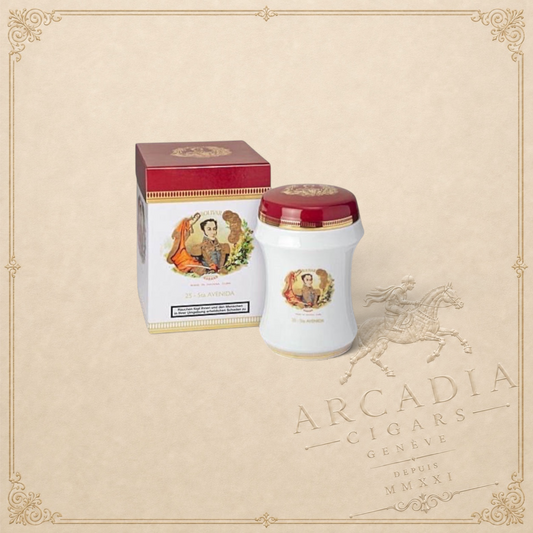 Arcadia Cigars Bolívar 5th Avenida Regional Alemania 2009 ceramic jar and box set with ornate portrait branding.
