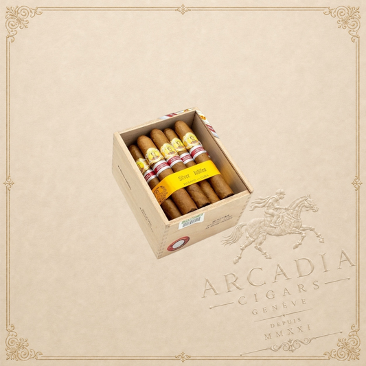 Arcadia Cigars box of Bolivar Silver Jubilee Petit Corona cigars with yellow band and Cuban tobacco leaves
