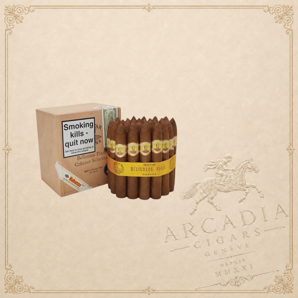 Arcadia Cigars Bolivar Belicosos Finos cabinet of full-bodied Cuban cigars with signature yellow bands
