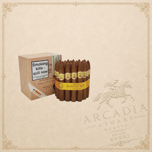 Arcadia Cigars Bolivar Belicosos Finos cabinet of full-bodied Cuban cigars with signature yellow bands