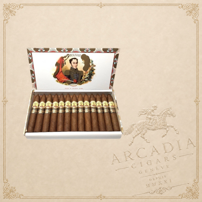 Arcadia Cigars box of Bolivar Petit Belicosos 2009 Limited Edition cigars with gold bands on a neutral background