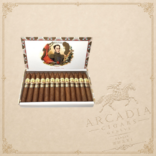 Arcadia Cigars box of Bolivar Petit Belicosos 2009 Limited Edition cigars with gold bands on a neutral background
