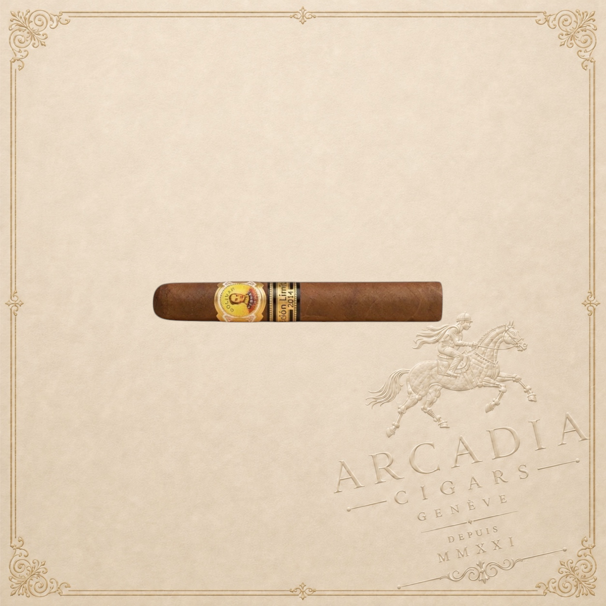 Arcadia Cigars Bolívar Super Coronas 2014 Limited Edition cigar with gold and black bands on a textured background.