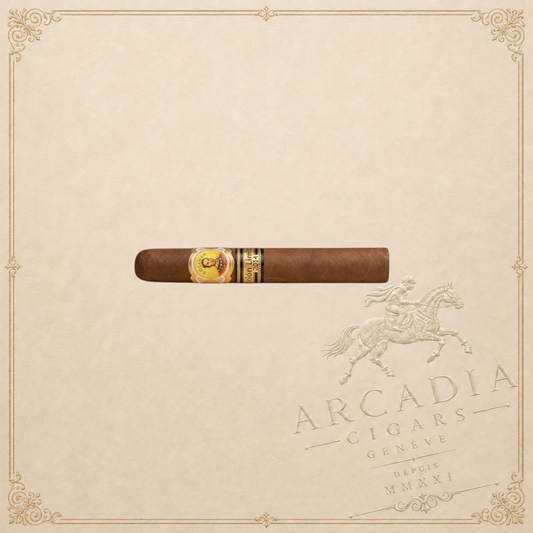 Arcadia Cigars Bolívar Super Coronas 2014 Limited Edition cigar with gold and black bands on a textured background.