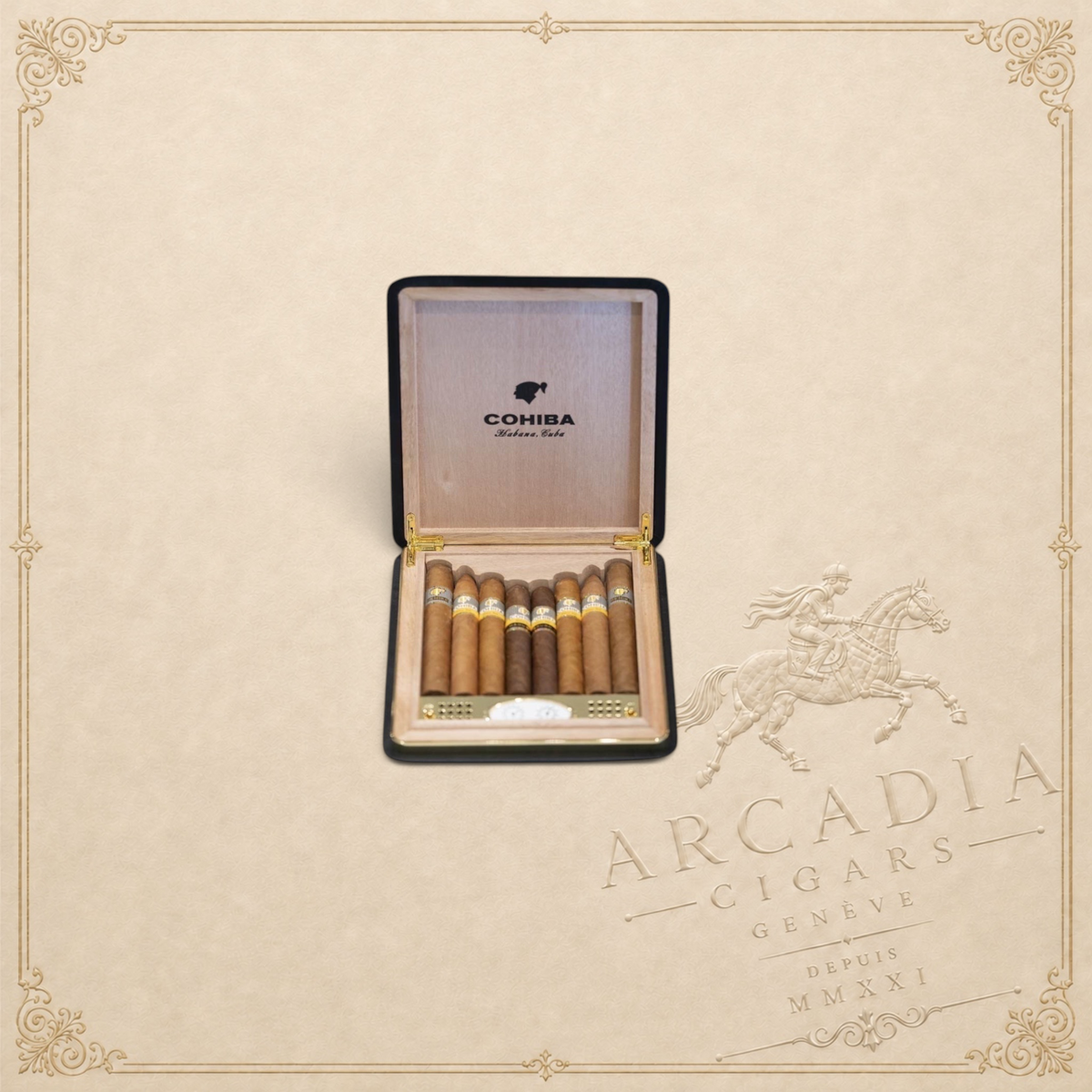 Arcadia Cigars Cohiba 50 Aniversario travel humidor containing a selection of premium cigars on a world map background