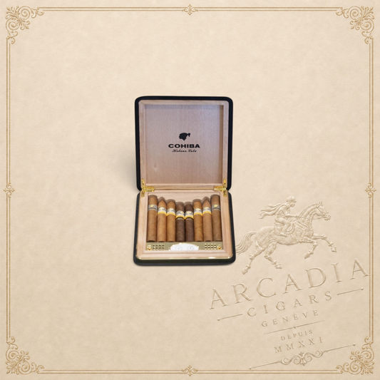 Arcadia Cigars Cohiba 50 Aniversario travel humidor containing a selection of premium cigars on a world map background