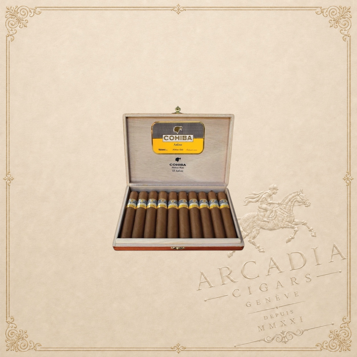 Arcadia Cigars box of ten Cohiba Ambar cigars with signature yellow and black bands in a wooden presentation case