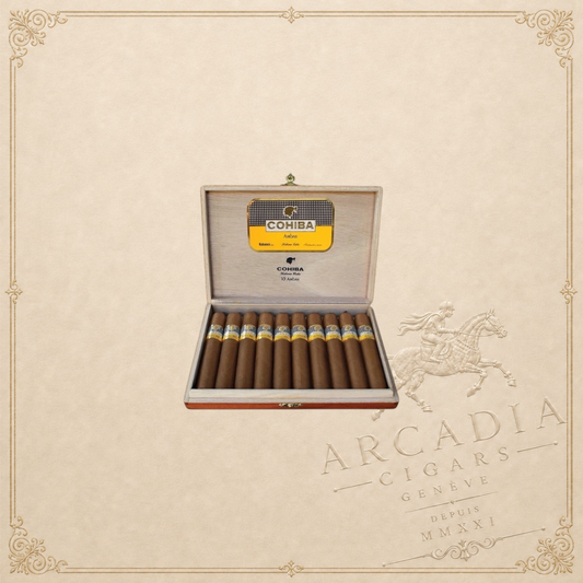 Arcadia Cigars box of ten Cohiba Ambar cigars with signature yellow and black bands in a wooden presentation case