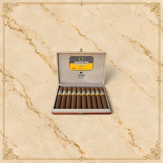 Arcadia Cigars box of ten Cohiba Ambar cigars with signature yellow and black bands in a wooden presentation case