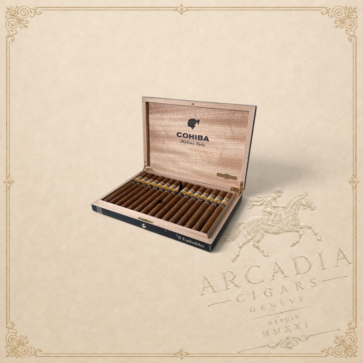 Arcadia Cigars Cohiba Espléndidos Reserva Real Cosecha 2017 in a wooden presentation box with branded labels