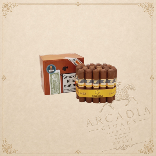 Arcadia Cigars Cohiba Medio Siglo petit robusto cigars in a wooden box with yellow branding and signature bands