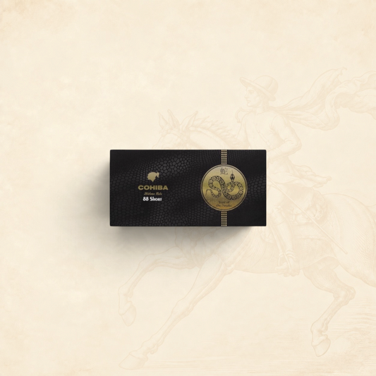 Arcadia Cigars Cohiba Short Year of the Snake 2025 limited edition cigarillo box with gold snake emblem on black.