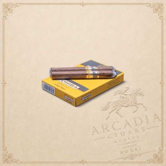 Arcadia Cigars Cohiba Wide Shorts cigarillos in yellow box with Cuban tobacco on a textured beige background