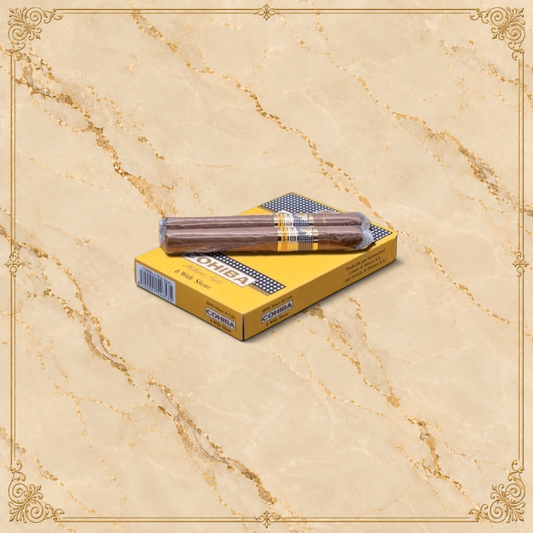 Arcadia Cigars Cohiba Wide Shorts cigarillos in yellow box with Cuban tobacco on a textured beige background
