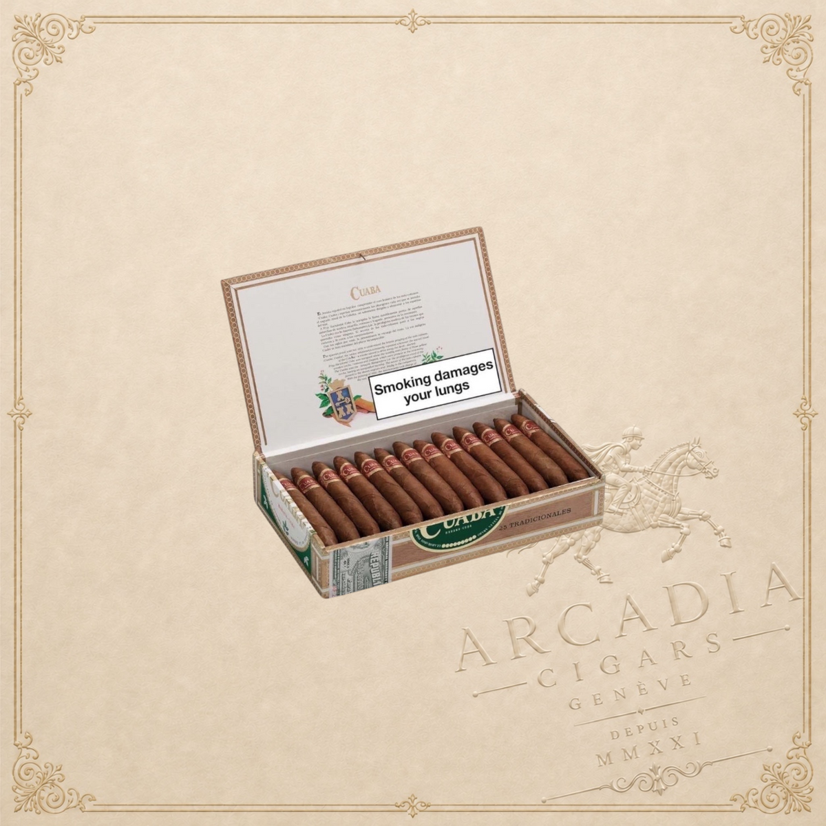 Arcadia Cigars box of Cuaba Tradicionales perfecto cigars with brown tobacco leaves on a light textured background